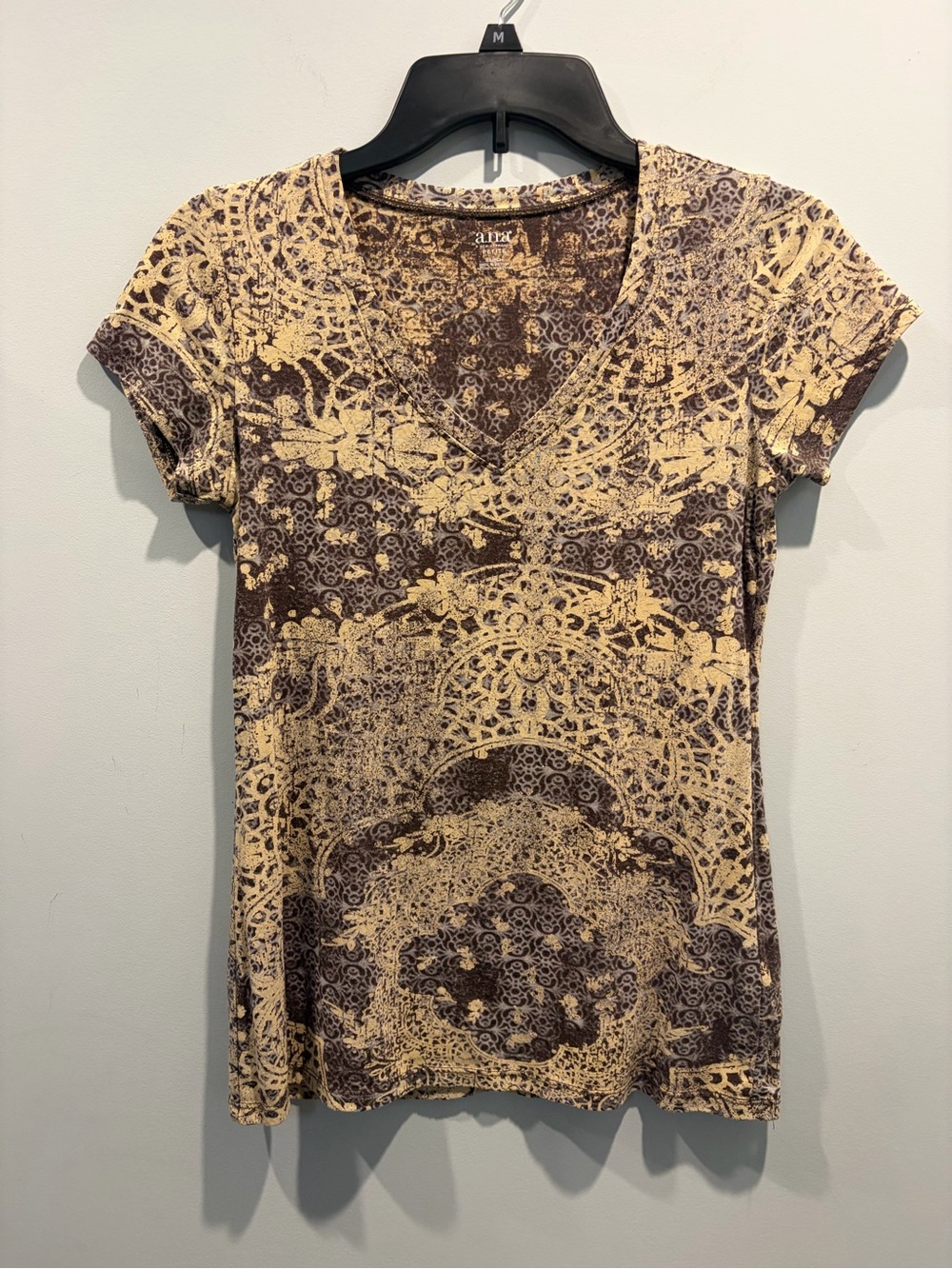 a.n.a. Vintage Brown & Beige Printed V-Neck Short Sleeve Top Size Petite Small